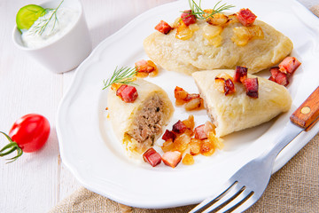 Rustic Cepelinai, a specialty Lithuanian and Polish cuisine.
