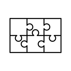 6 white puzzles pieces arranged in a rectangle shape. Jigsaw Puzzle template ready for print. Cutting guidelines on white