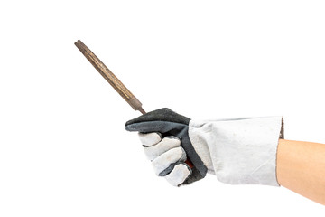 hand wear leather work gloves holding metal rasp isolated on white background with clipping path
