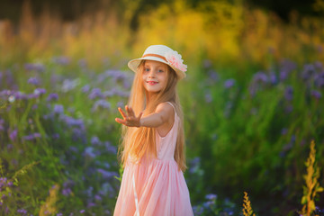 Fototapeta na wymiar Portrait of cute young girl with long hair at sunset in the field