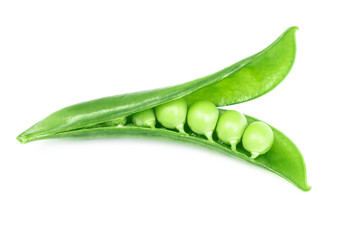Closeup fresh green peas isolated on white background, healthy food concept