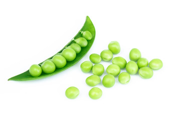 Closeup fresh green peas isolated on white background, healthy food concept