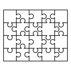 20 white puzzles pieces arranged in a rectangle shape. Jigsaw Puzzle template ready for print. Cutting guidelines on white