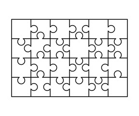 24 white puzzles pieces arranged in a rectangle shape. Jigsaw Puzzle template ready for print. Cutting guidelines on white