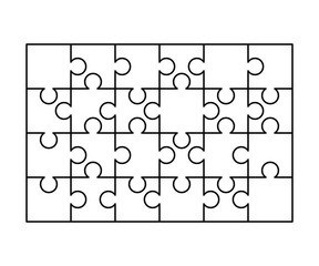 Fototapeta premium 24 white puzzles pieces arranged in a rectangle shape. Jigsaw Puzzle template ready for print. Cutting guidelines on white