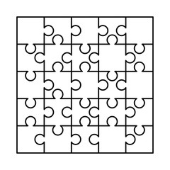 25 white puzzles pieces arranged in a square. Jigsaw Puzzle template ready for print. Cutting guidelines on white