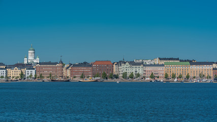 Helsinki in Finland, panorama of the town from the sea, with the cathedral in background 

