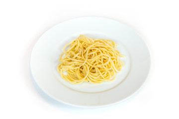 cooked spaghetti on white plate