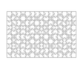 150 white puzzles pieces arranged in a rectangle shape. Jigsaw Puzzle template ready for print. Cutting guidelines on white