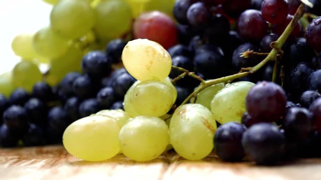 Fresh organic grapes collection with water drops rotating on a turn table. Macro. 4K