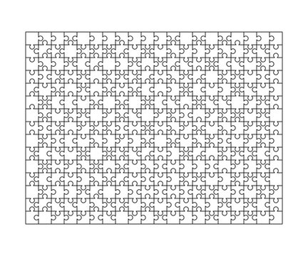 300 white puzzles pieces arranged in a rectangle shape. Jigsaw Puzzle template ready for print. Cutting guidelines on white