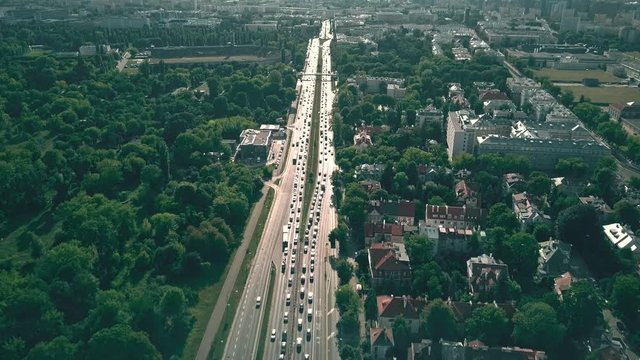 Aerial view of city highway in Warsaw, Poland