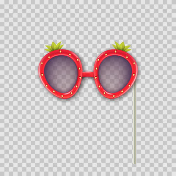 Vector realistic 3d illustration of photo booth props strawberry glasses. Object isolated on transparent background. Summer funky photo design element weddings, birthdays, and celebrations.