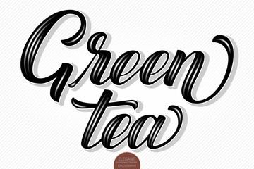 Vector volumetric lettering - Green Tea. Hand drawn thankful card with modern brush calligraphy. Isolated on white with shadows and highlights. Elegant handwritten calligraphy