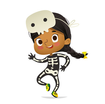 African-American girl wearing skeletom costume and skull mask dancing. Girl kid in Halloween costume dancing and laughing. Vector. Character for Halloween party, invitations, web, mascot. Isolated