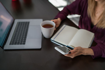 Young female sitting front open notebook while drinking herbal tea and reading news on mobile telephone. Selective focus on smartphone which woman holding in hand while sitting at table.