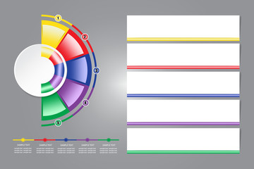 Infographic labels as a blank white circle and colorful semicircle around ready for your text. For your text you can also use another rectangles anf timeline bottom and next to them.  