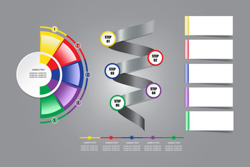 Modern infographic labels as a circle and colorful semicircle around ready for your text. For your text you can also use another rectangles, timeline and metal spiral with process steps.   