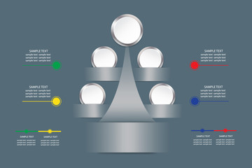 Infographic vector as a metal tree with blank white circles showing the steps of the process. You can use divided timeline and color labels for your text. All on the dark background.