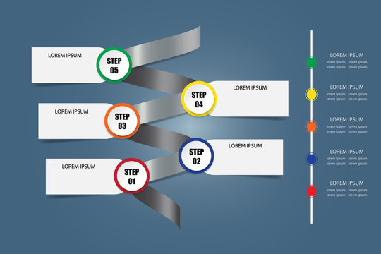 Infographic vector as a metal spiral showing the steps of the process and vertical timeline with a free place for your text. All on the dark background with light in the middle of the vector