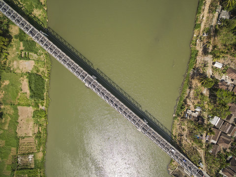 Aerial photo of long bridge in Kretek village, Yogyakarta, Indonesia. Taken 13 August 2018