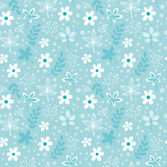 Light blue seamless pattern with small flowers and leaves. Ditsy floral background.