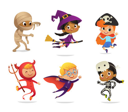 Set Of Multiracial Boys And Girls, Wearing Halloween Costumes Isolated On White Background. Cartoon Vector Characters Of Kid Witch, Pirate, Dracula, Devil, Skeleton, Mummy, For Party, Web, Mascot