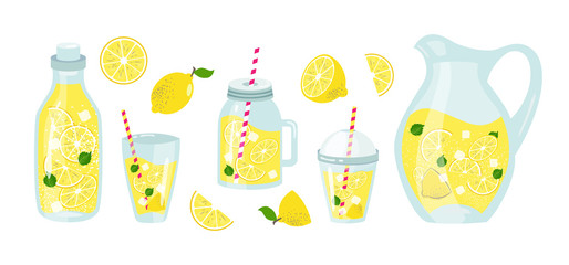 lemonade and lemons summer set with fruits - obrazy, fototapety, plakaty