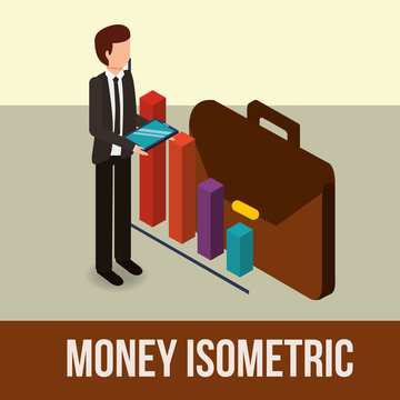 businessman holding tablet briefcase and diagram money vector illustration isometric