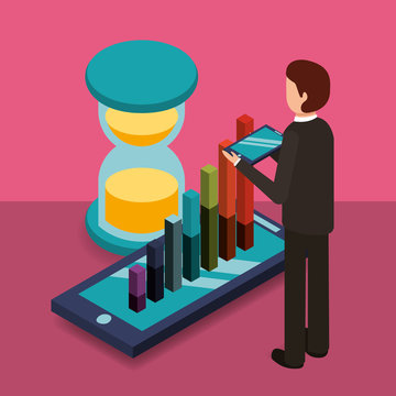 businessman with mobile diagram bars and hourglass money vector illustration isometric