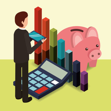 businessman holds mobile piggy bank calculator and diagram chart money vector illustration isometric