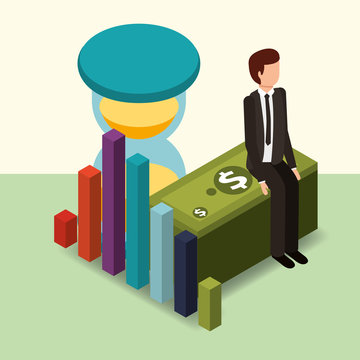 businessman sitting on banknote hourglass and diagram money vector illustration isometric