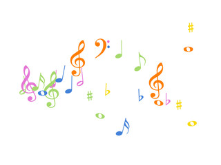 Music Notes Confetti Falling Chaos Vector. Music Symbols Texture Poster Background Elements. Party Night, Festival, Celebration or Concert, Melody Notes Trail. Decorative Song Sheets Chaos Effect.