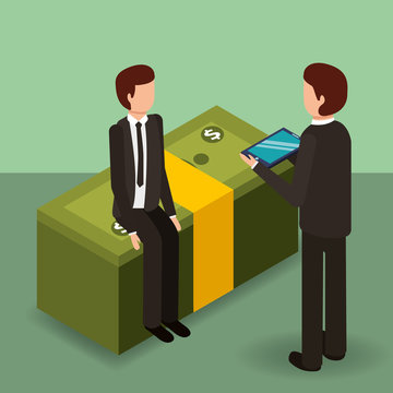 businessmen with tablet computer and pile banknotes money vector illustration isometric
