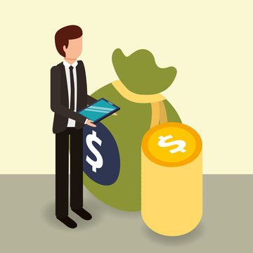 businessman holding mobile coins and bag money vector illustration isometric