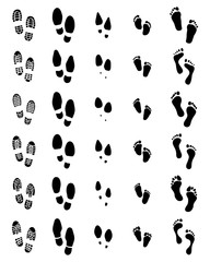 Black prints of shoes and human feet on a white background