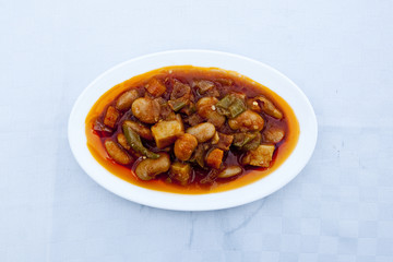 Classical Turkish tavern appetizer Stewing aka Pilaki with Kidney bean and haricot bean and vegetables.