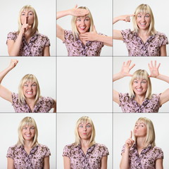 Crazy young blonde woman makes squint for fun