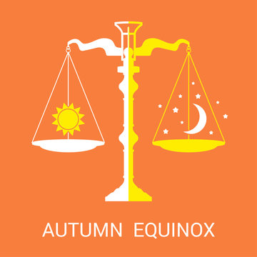 Vector Flat Illustration Of The Autumn (or Fall) Equinox. Design Concept With Scales Of Justice Symbolizing Equal Duration Of Daytime And Nighttime.