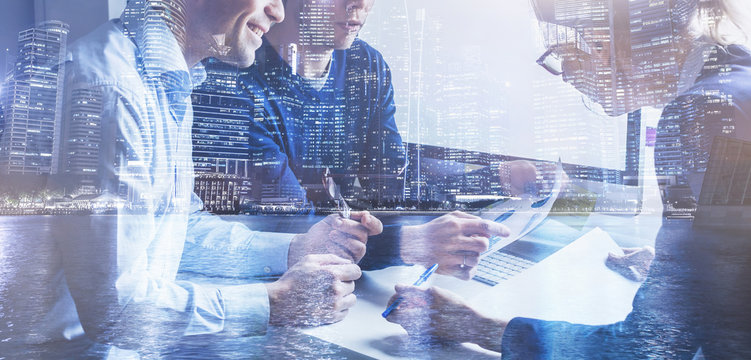 business team of coworkers working on startup in office, banner double exposure background of group of businessman people entrepreneurs