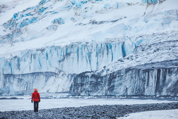 person walking near big melting glacier in Antarctica, beautiful landscape of Livingston Island in South Shetland © Song_about_summer