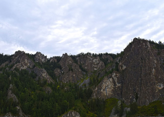 Picturesque view of the rocks surrounded by forest. Speleology. Rocky shore. High mountains against the sky. Mountaineering.
