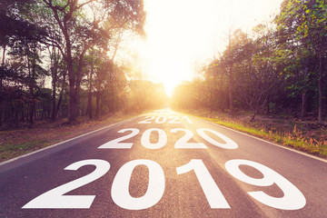 Empty asphalt road and New year 2019 concept. Driving on an empty road to Goals 2019.