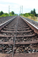 Fototapeta na wymiar low angle view from a railroad track to the horizon