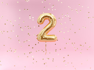 Two year birthday. Number 2 flying foil balloon and confetti. Two-year anniversary background.