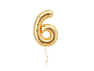 Numeral 6. Foil balloon number six isolated on white background - obrazy, fototapety, plakaty