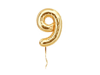 Numeral 9. Foil balloon number nine isolated on white background - obrazy, fototapety, plakaty