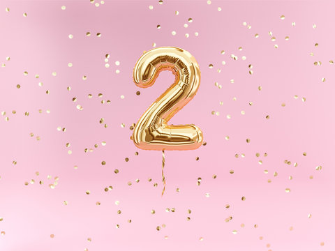 Two year birthday. Number 2 flying foil balloon and confetti. Two-year anniversary background.