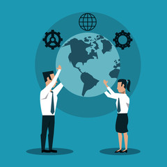 Business couple holding world and business icons around vector illustration graphic design