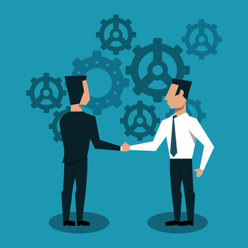 Businessmens shaking hands over gears background vector illustration graphic design